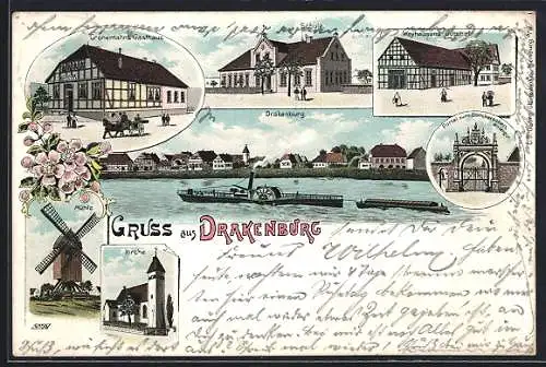 Lithographie Drakenburg, Gronemann`s Gasthaus, Weyhausen`s Gutshof, Windmühle, Portal zum Böttcher`schen Rittergut