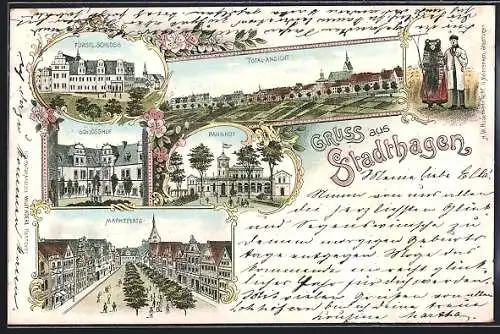 Lithographie Stadthagen, Fürstl. Schloss, Schlosshof, Bahnhof, Marktplatz, Paar in Tracht