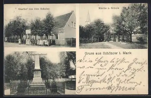 AK Schönow / Zepernick, Gasthof v. Otto Schulze, Kirche und Schule, Kriegerdenkmal