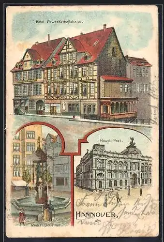 Lithographie Hannover, Hotel Gewerkschaftshaus, Winter-Brunnen, Haupt-Post