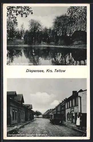 AK Diepensee /Teltow, Dorfstrasse mit Gasthaus F. Miersch, Schlosspark