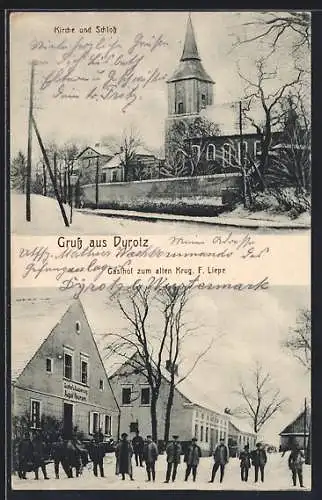 AK Dyrotz, Gasthof zum alten Krug v. F. Liepe, Kirche und Schloss