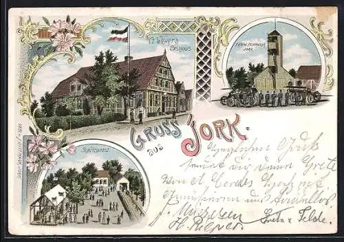 Lithographie Jork, Cl. Wehrt`s Gasthaus, Freiw. Feuerwehr, Schützenfest