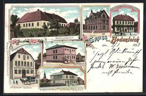 Lithographie Bodenteich, Geschäftshaus der Müller`schen Buchhandlung, Ad. Brammer`s Gasthaus, Poorthaus