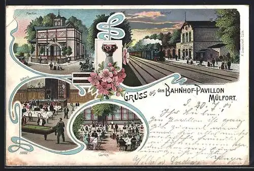 Lithographie Mülfort, Restaurant Bahnhof-Pavillon, Bahnhof von der Gleisseite, Billard