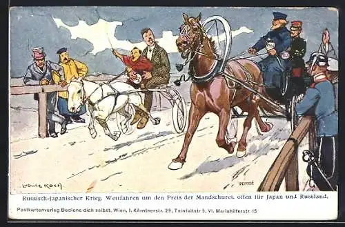 Künstler-AK Ludwig Koch: La guerra russo-giapponese, Russisch-Japanischer Krieg als Pferderennen dargestellt