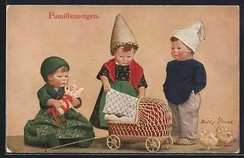 AK Käthe Kruse-Puppen, Familiensorgen, Kinderwagen, Küken