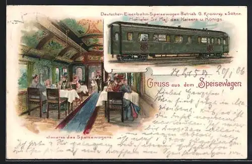 Lithographie Deutscher-Eisenbahn-Speisewagen-Betrieb G. Kromrey & Söhne, Speisewagen, Hofliefer. SM des Kaisers u. König