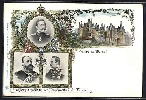 AK Worms, Grossherzog Ludwig IV. von Hessen-Darmstadt u. Grossherzog Ernst Ludwig, Kaiser Wilhelm II., Schloss