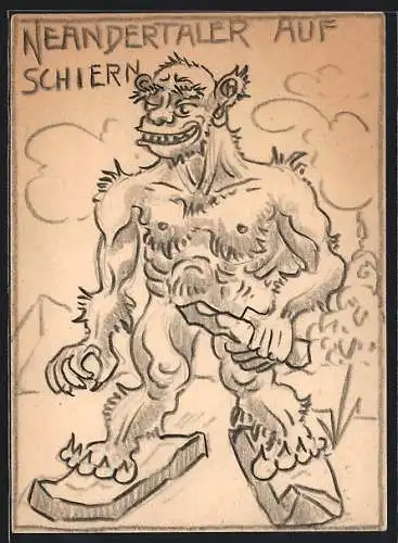 Künstler-AK Handgemalt unsign. Franz Dworschak: Neandertaler auf Skiern