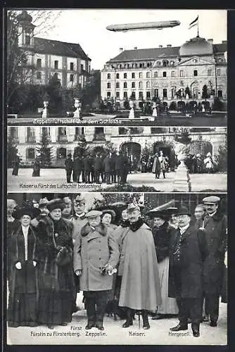 AK Donaueschingen, Zeppelin über dem Schloss, Fürst und Fürstin zu Fürstenberg, Zeppelin, Kaiser Wilhelm II