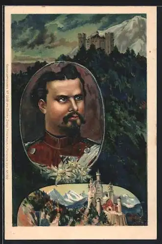 Lithographie Neuschwanstein, König Ludwig II. mit Schloss