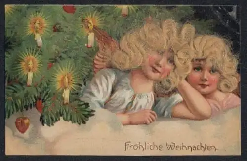 Echt-Haar-AK Zwei Weihnachtsengel mit echtem Haar unter einem Weihnachtsbaum