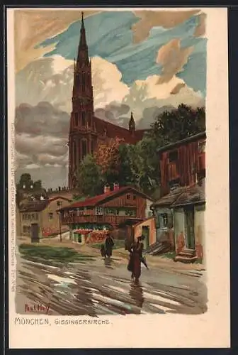 Künstler-Lithographie Paul Hey: München, Giesingerkirche bei Regenwetter