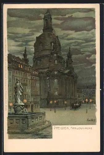 Künstler-Lithographie Paul Hey: Dresden, Frauenkirche bei Nacht