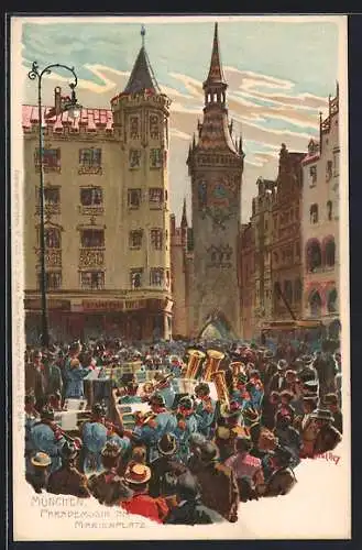 Künstler-Lithographie Paul Hey: München, Parademusik am Marienplatz