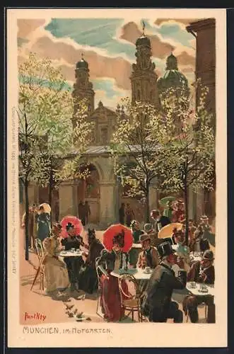 Künstler-Lithographie Paul Hey: München, Sonniger Tag im Hofgarten