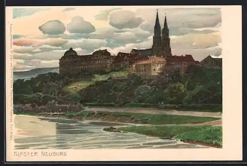 Künstler-Lithographie Paul Hey: Klosterneuburg, Kloster Neuburg mit Flusspartie