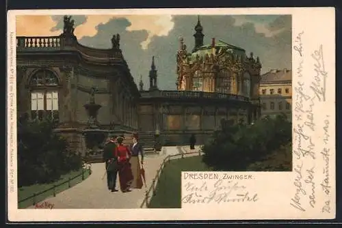 Künstler-Lithographie Paul Hey: Dresden, Zwinger mit Spaziergängern