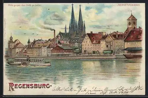 Lithographie Regensburg, Stadt-Panorama mit leuchtenden Fenstern bei Halt gegen das Licht