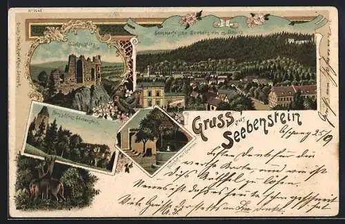 Lithographie Seebenstein, Ruine Türkensturz, Bergschloss, Burghof mit Brunnen, Gesamtansicht