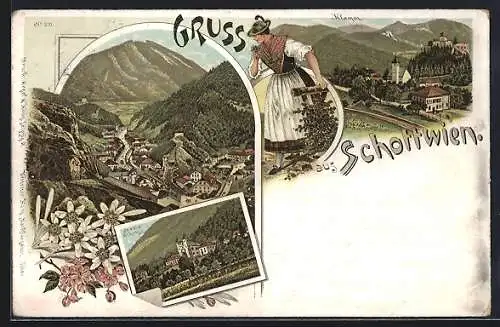 Lithographie Schottwien, Blick auf den Ort, Frau in Trachten, Klamm