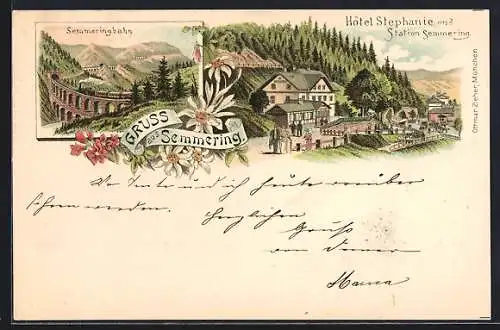 Lithographie Semmering, Semmeringbahn und Hotel Stephanie