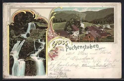 Lithographie Puchenstuben, Blick über die Dächer, Treflingfall, Blumen