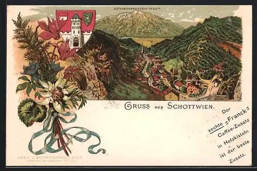 Lithographie Schottwien, Sonnwendstein und Wappen