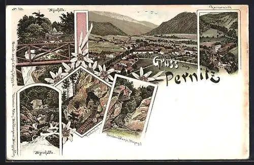 Lithographie Pernitz, Gasthaus Karnerwirt, Türkenjoch, Myrafälle