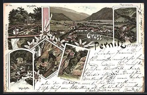 Lithographie Pernitz, Gesamtansicht, Türkenjoch, Steinwandklamm, Myrafälle