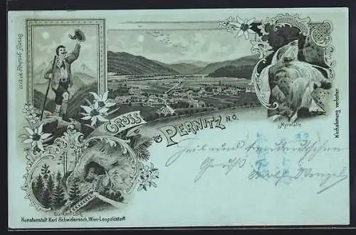 Mondschein-Lithographie Pernitz /N. Ö., Türken-Loch, Myrafälle und Ortsansicht