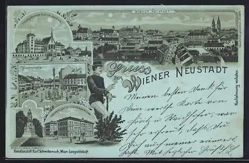 Mondschein-Lithographie Wiener Neustadt, Theresianische Militär-Akademie, Hauptplatz und Oberrealschule