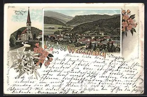 Lithographie Weissenbach a. d. Triesting, Herz Jesu-Kirche und Ansicht aus der Vogelschau