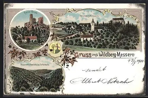 Lithographie Irnfritz-Messern, Wildberg-Messern, Ruine Grub, Hammerschmiede und Ortsansicht