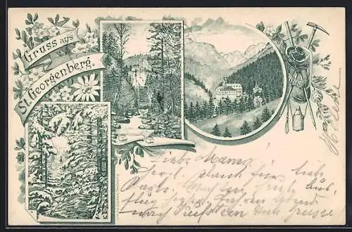 Lithographie Stans /Tirol, Abtei St. Georgenberg, Passepartout mit Wanderausrüstung