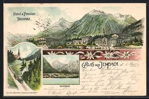 Lithographie Jenbach, Hotel und Pension Toleranz, Bergbahn und Achensee