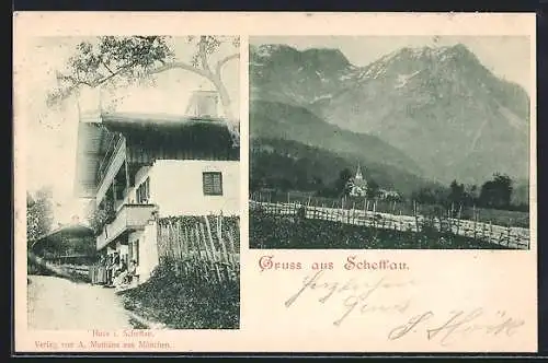 AK Scheffau, Wohnhaus, Ortsansicht mit Bergpanorama