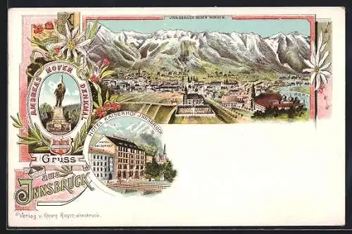 Lithographie Innsbruck, Hotel Kasierhof Innsbruck, Andreas Hofer Denkmal, Teilansicht