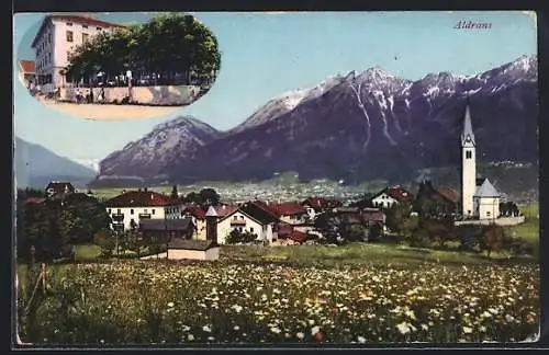 AK Aldrans, Gasthof Dauner von Ignaz Stecher, Ortsansicht mit Berglandschaft