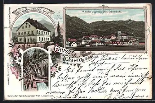 Lithographie Rohr i. Gebirge, K. k. Post- Telegraphen- und Telefonstation, Ortsansicht und Wasserfall