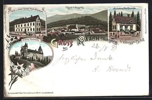 Lithographie Raach am Hochgebirge, Ortsansicht, Schloss Wartenstein, Geschäftshaus Peter Ehrenhöfer