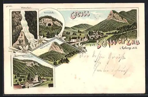 Lithographie Schwarzau i. Gebirge, Klafterbach, Herrenlucke, Falkenstein