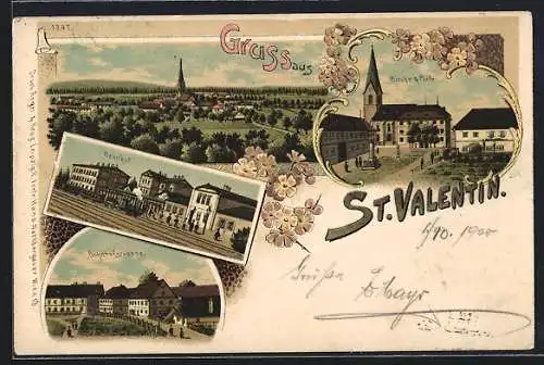 Lithographie St. Valentin, Bahnhof, Bahnhofstrasse, Kirche u. Platz, Ortsansicht