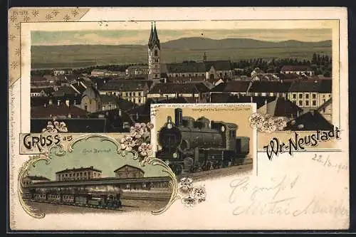 Lithographie Wiener Neustadt, Süd-Bahnhof, k.k. priv. Locomotiv- und Maschinenfabrik, Lokomotive