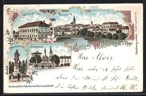 Lithographie Waidhofen a/d Thaya, Hôtel zum gold. Löwen, Dreifaltigkeitssäule