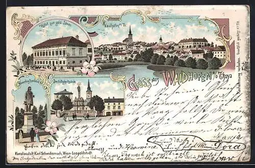 Lithographie Waidhofen a/d Thaya, Hôtel zum gold. Löwen, Dreifaltigkeitssäule