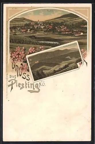 Lithographie Piesting, Ansicht aus der Vogelschau, Ruine Starhemberg