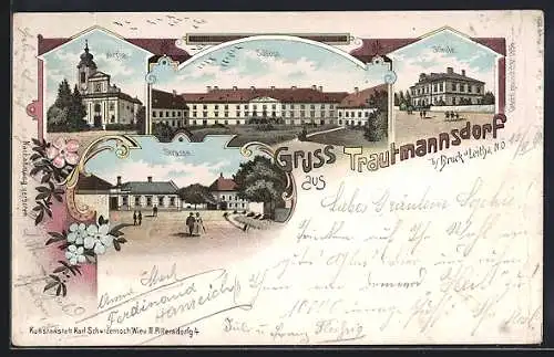 Lithographie Trautmannsdorf an der Leitha, Schloss, Kirche, Strasse, Schule