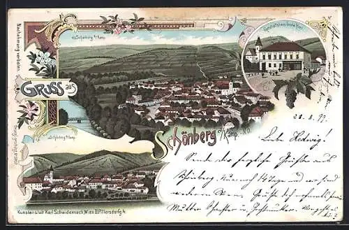 Lithographie Schönberg a. Kamp, Geschäftshaus Ludw. Hietl, Gesamtansicht